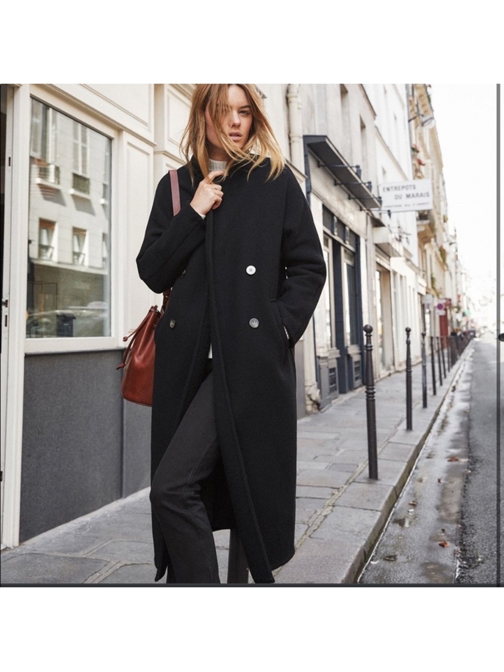 Sézane Jim coat black wool long coat boyfriend fit Size 38 US 6 - Picture 3 of 12